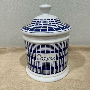 Williams Sonoma Farine Flour Ceramic Canister Jar blue & white geometric pattern